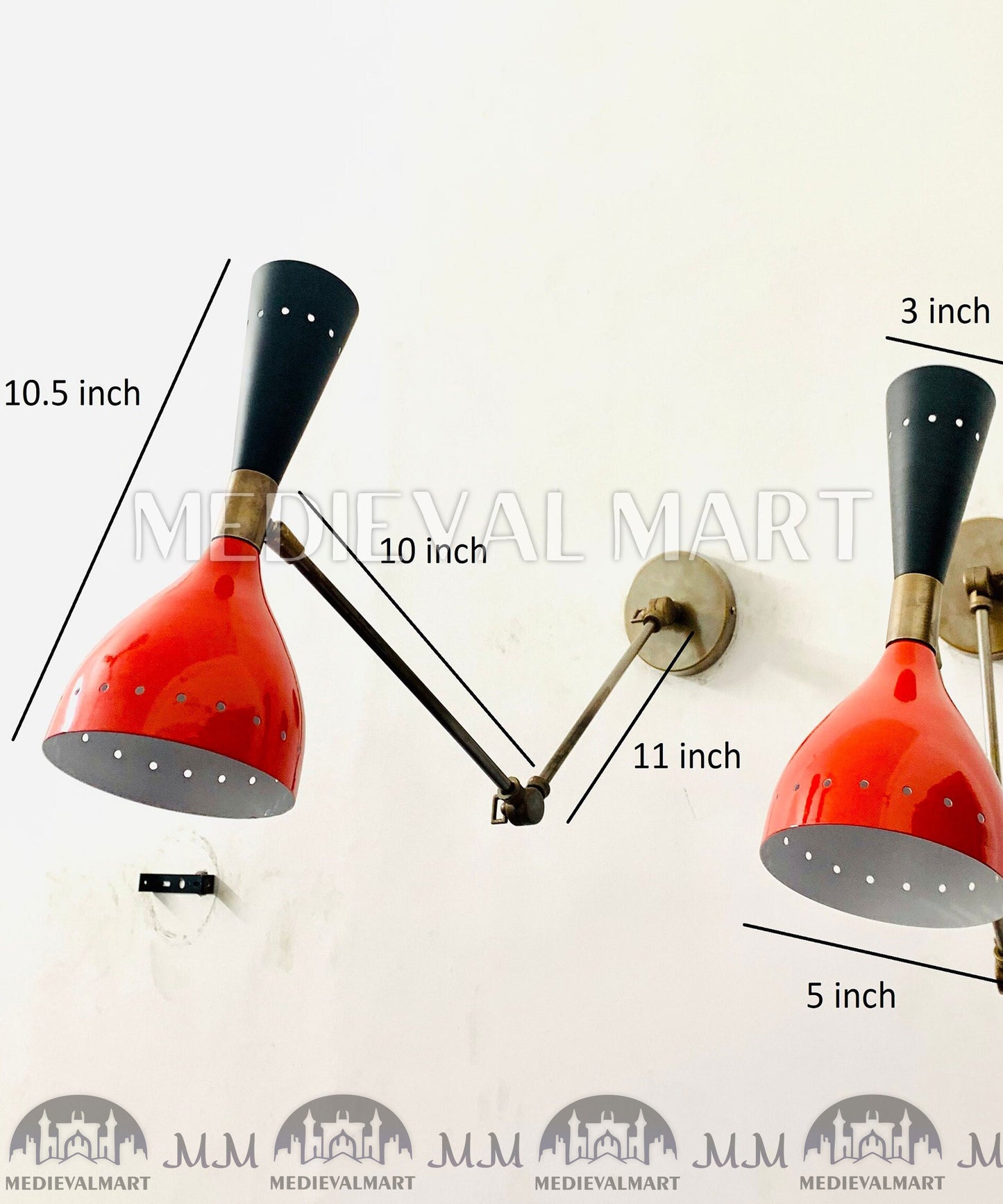 MEDIEVALMART Mid Century Italian Brass Wall Sconce Pair: Red & Black Stilnovo Light