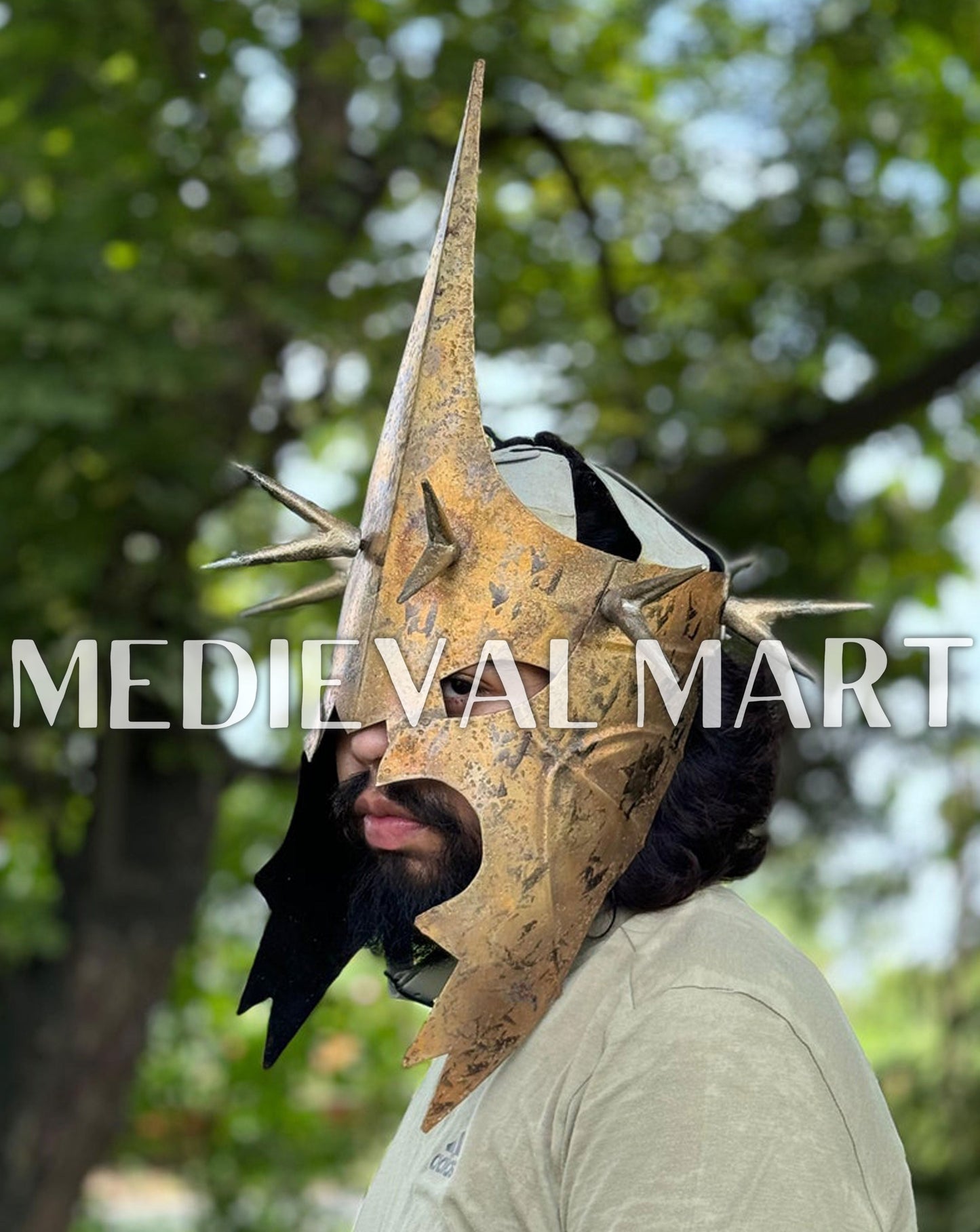 MEDIEVALMART Antique Gold Finish Nazgul Helmet W/H Free Stand | LOTR Props