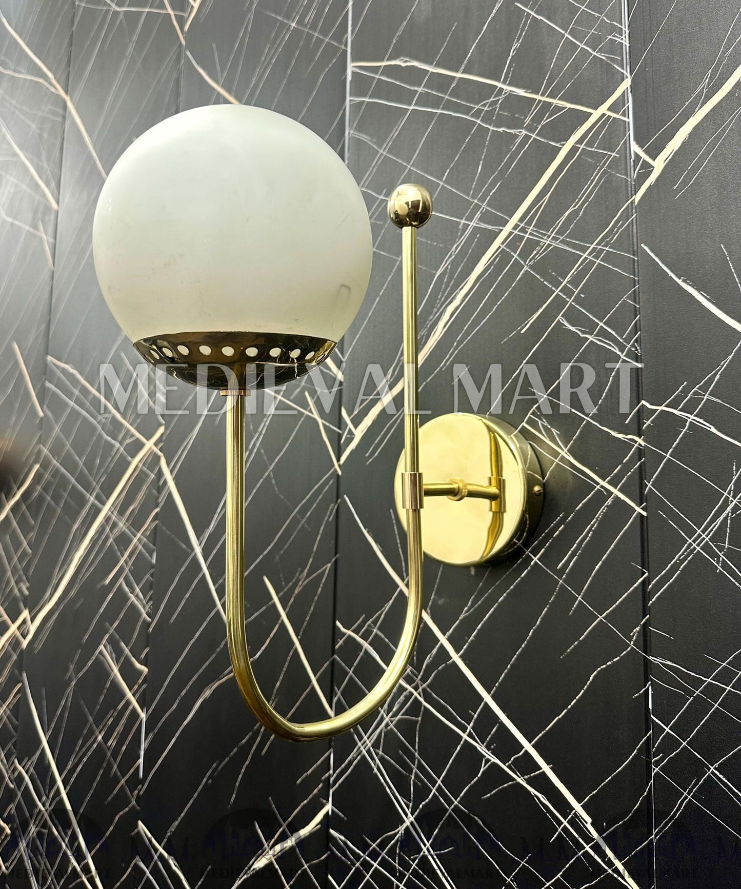 MEDIEVALMART Handcrafted Brass Milky Ball Wall Lamp - Modern Home Lighting