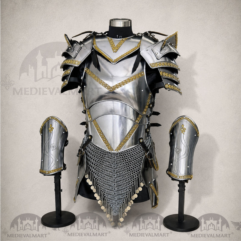 MEDIEVALMART Women's Crown Sovereign Steel Armor with Gold Trim & Chainmail