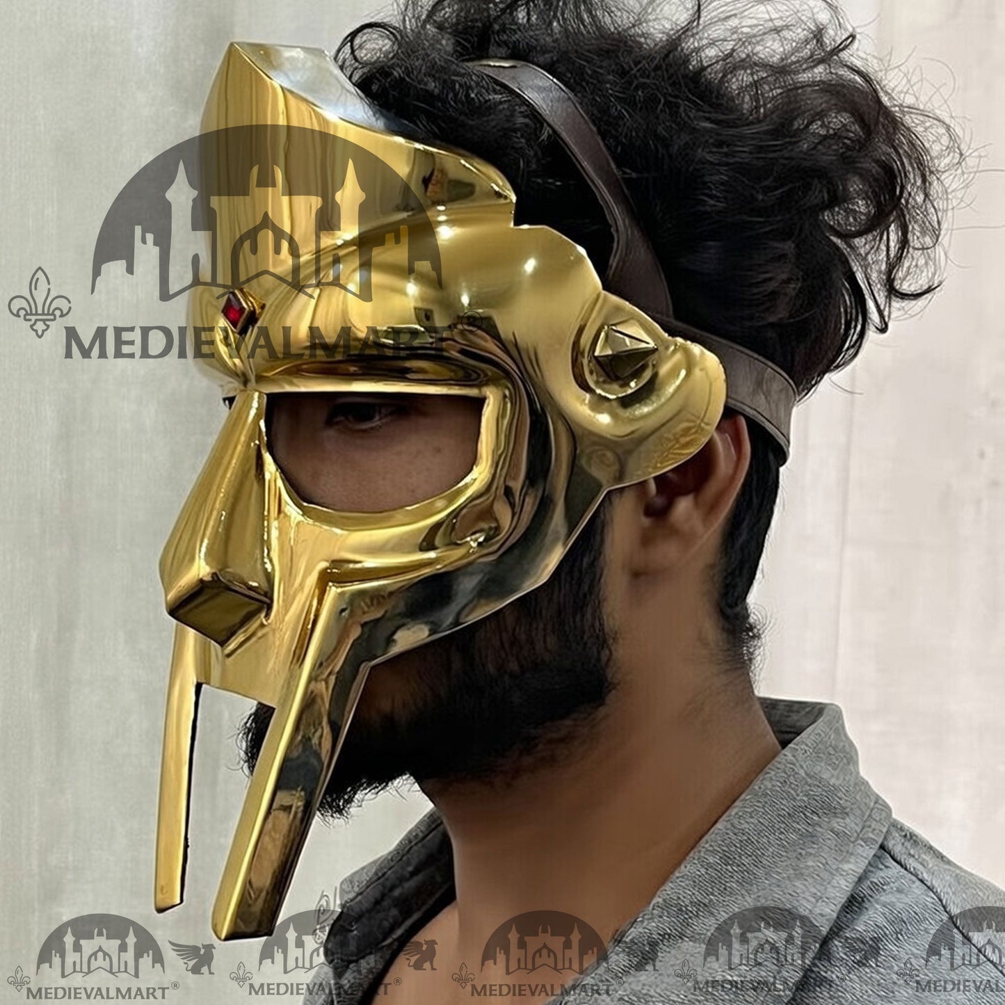 MEDIEVALMART PREMIUM MF DOOM Mask Mad Villain Gold Finish Steel Face Armor