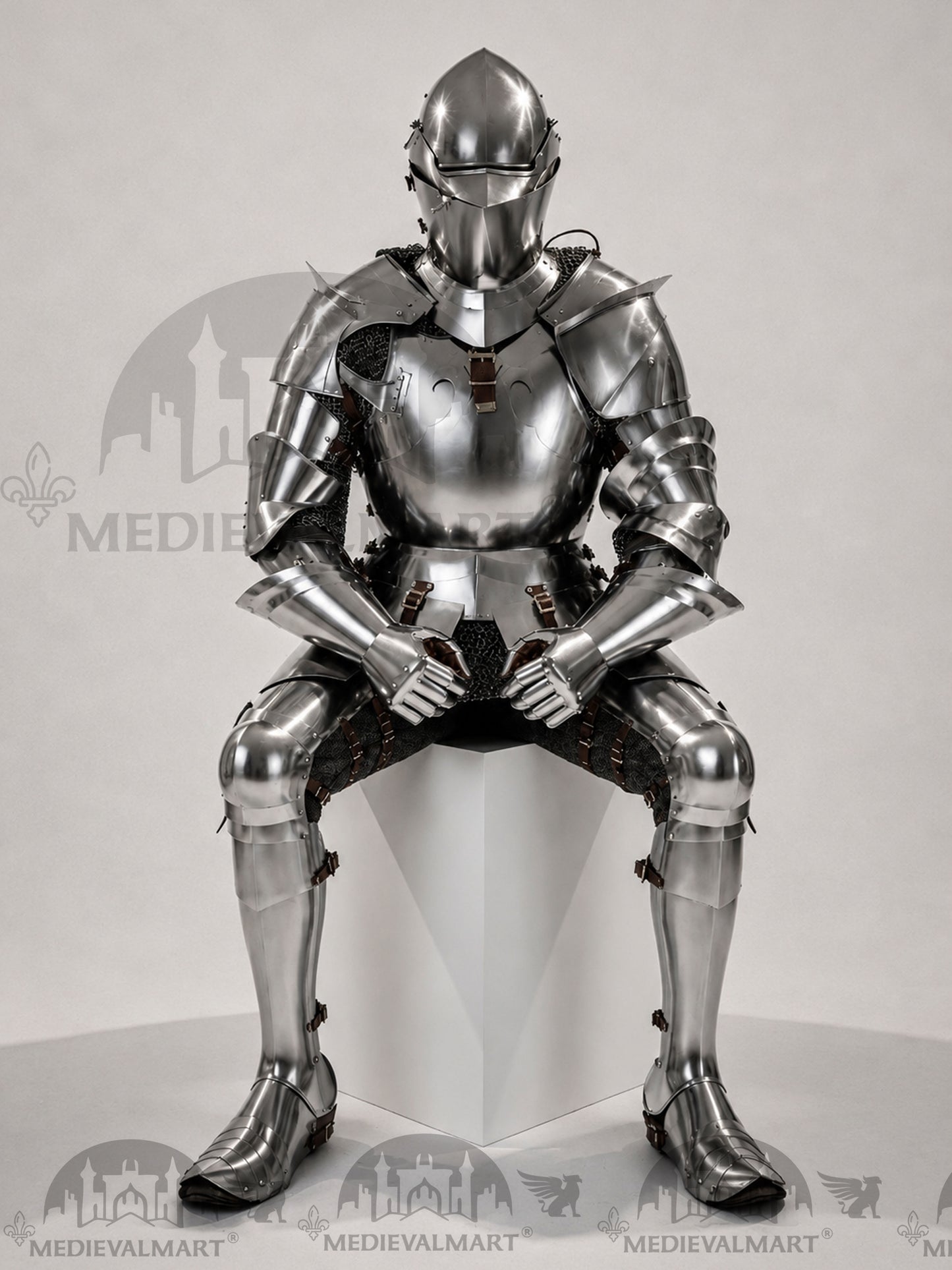 MEDIEVALMART 14th-Cen European English Hardend Steel Plate Armor Buff Polish W/H Houndskull Closed Bascinet