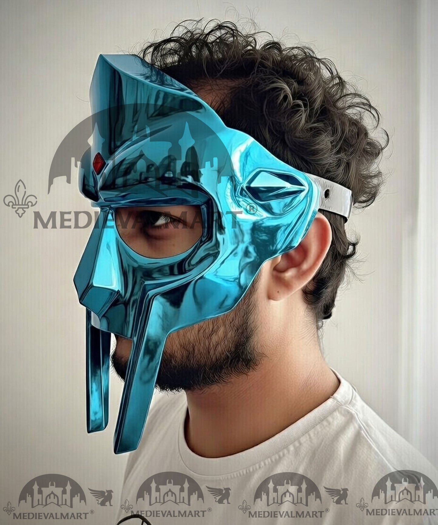MEDIEVALMART PREMIUM MF DOOM Mask Mad Villain Aqua Blue Finish Steel Face Armor