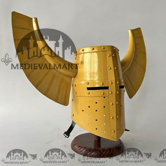 MEDIEVALMART Casque médiéval de guerrier templier teutonique finition jaune avec support gratuit
