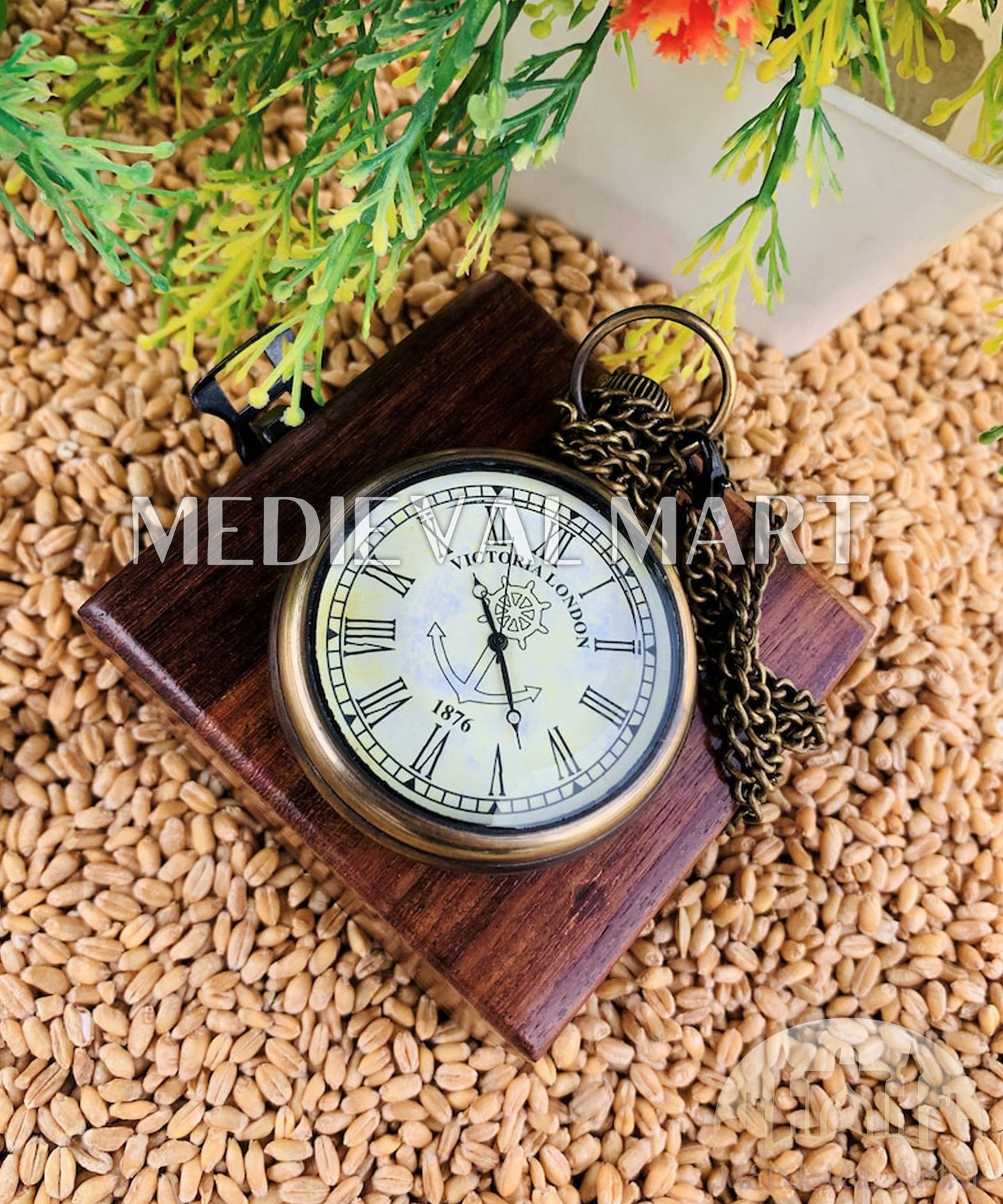 MEDIEVALMART Nautical Pirate Victorian Antique Locket Clock Bronze Finish W/H Gen-1 Wooden Case | Gift For Mom & Dad