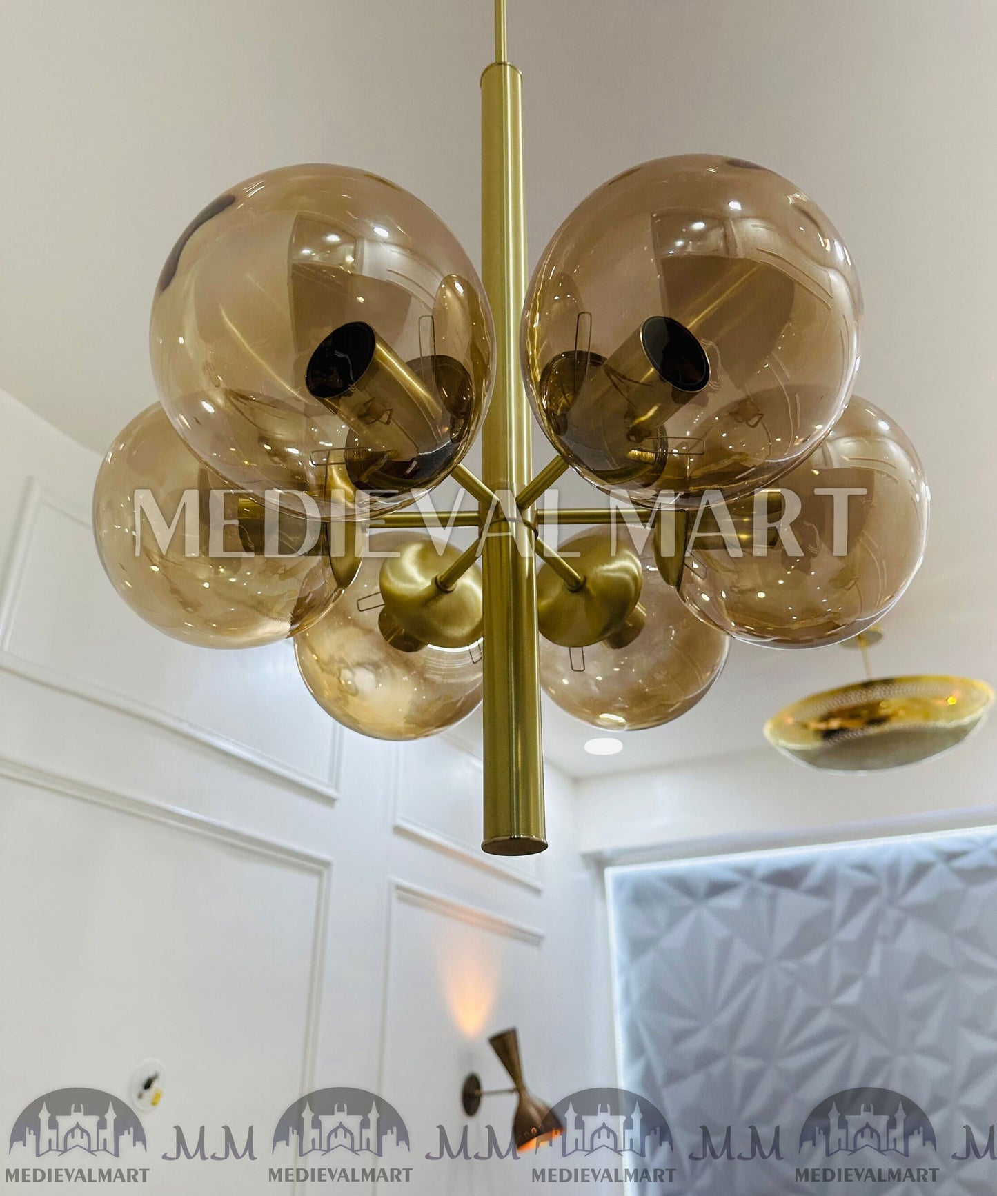 MEDIEVALMART Handmade Brass 6-Arm Glass Ball Chandelier Mid-Century Modern Light