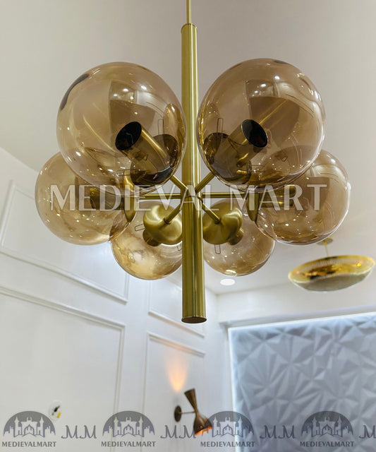 MEDIEVALMART Handmade Brass 6-Arm Glass Ball Chandelier Mid-Century Modern Light