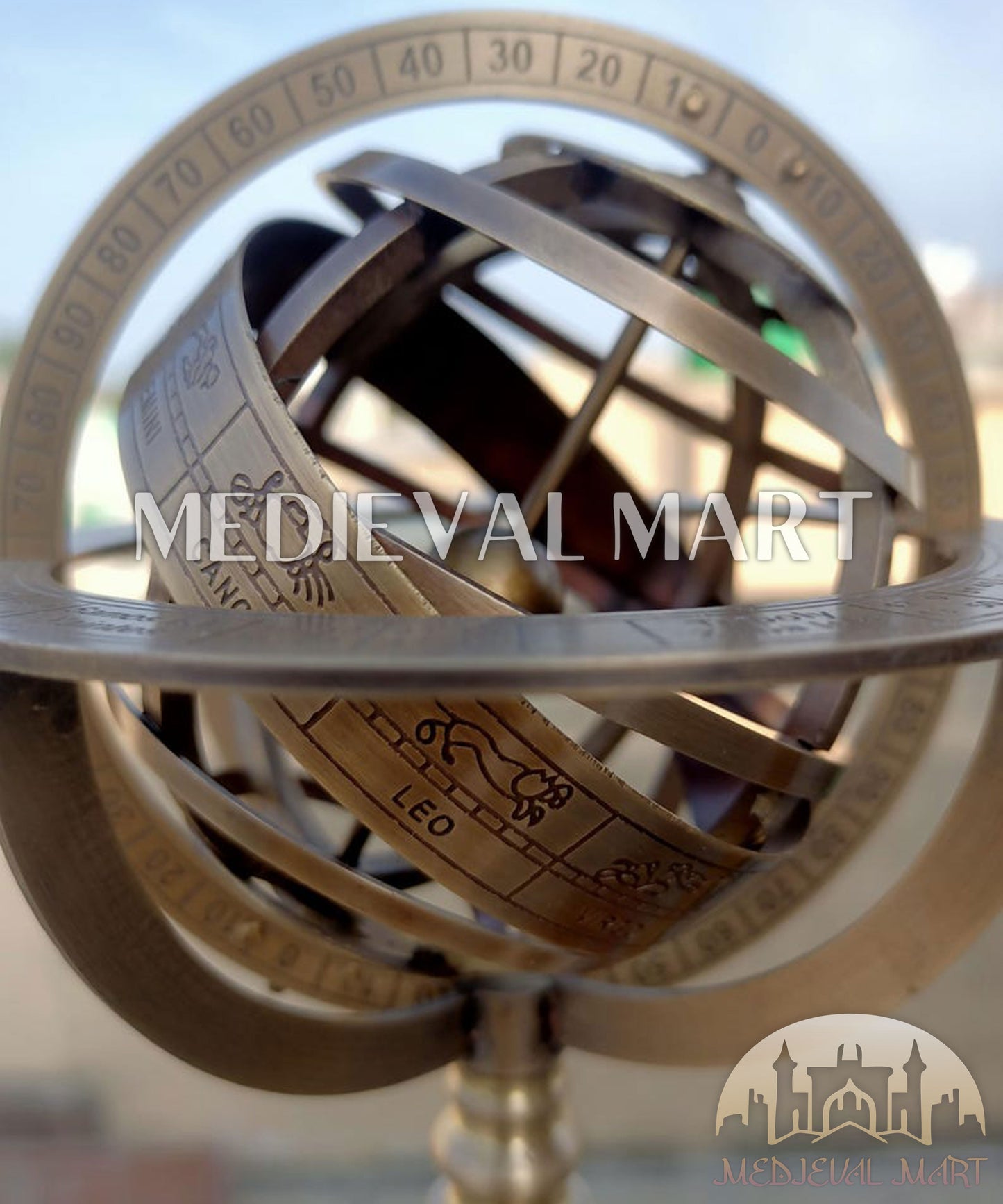 MEDIEVALMART Anitque Brass Armillary Sphere on Wooden Base: Nautical Home Decor Gift for Christmas