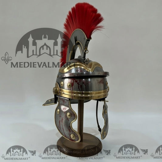 MEDIEVALMART Casque de Centurion Romain Gauloise Endommagé Argenté avec Finition Sang et Plume Rouge, avec Support Offert