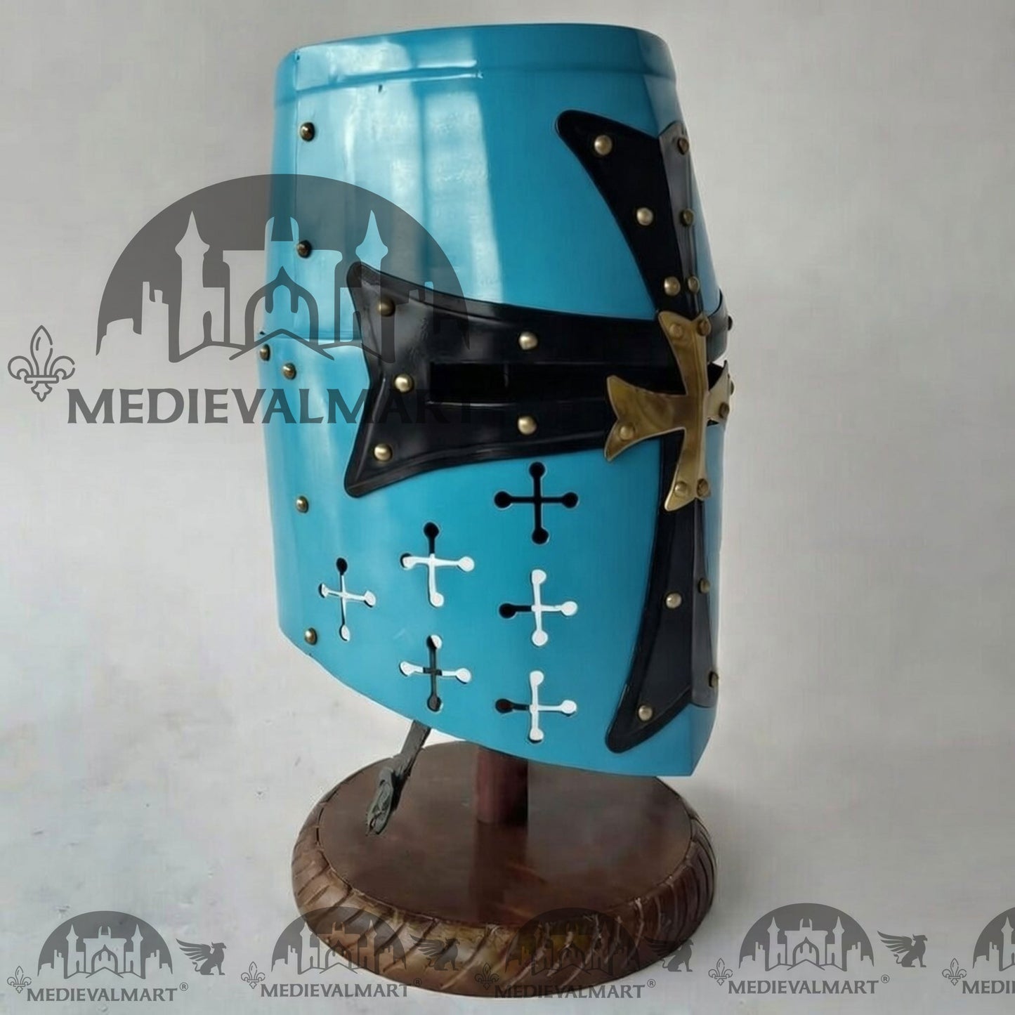 MEDIEVALMART Special Templar Crusader Knight Aqua Blue Finish Helmet W/H Free Stand