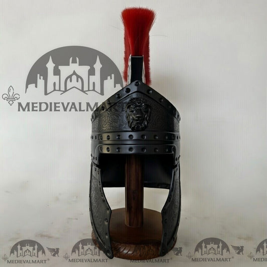 MEDIEVALMART Casque de Centurion Romain Médiéval Finition Noire avec Plume Rouge ou Support en Bois Offert