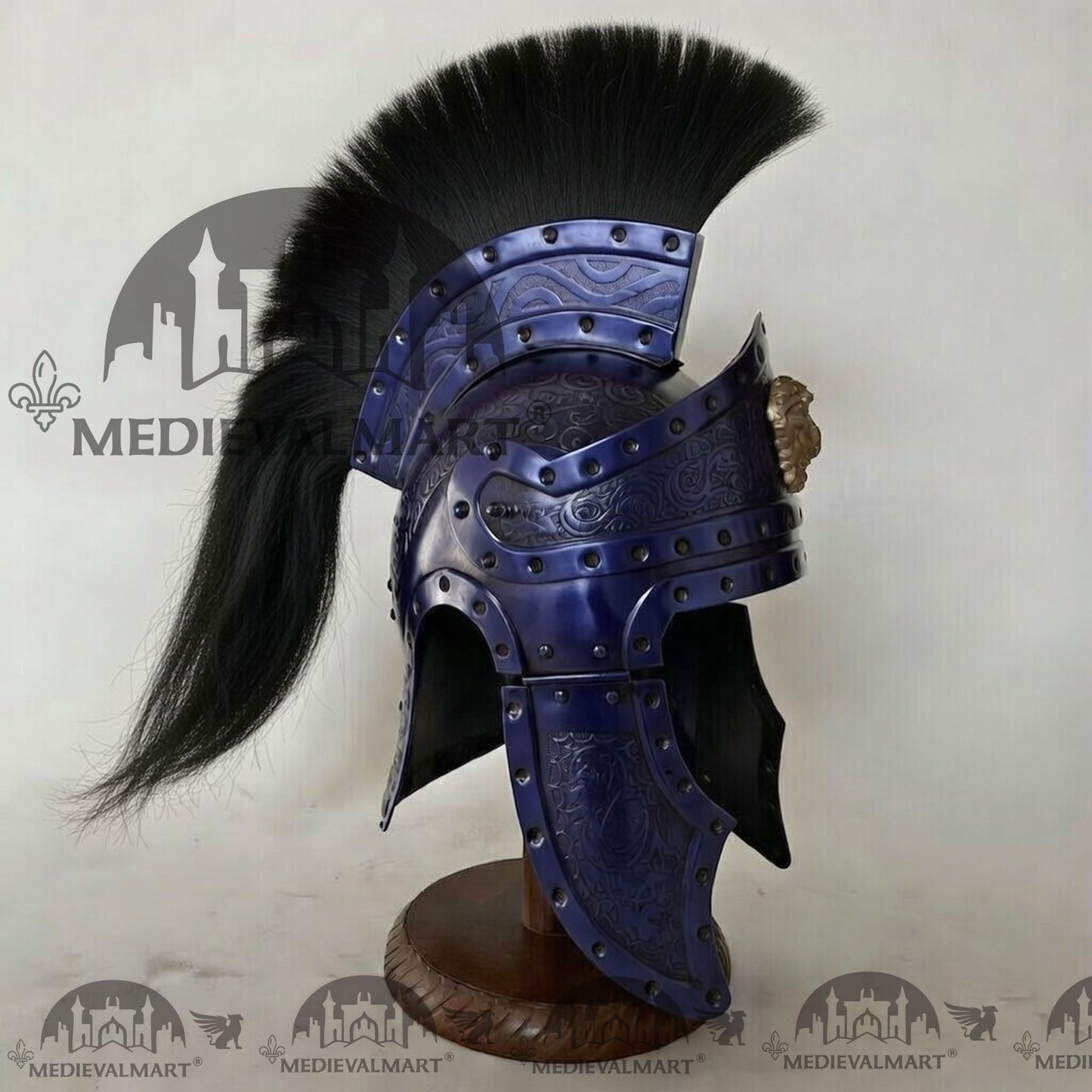 MEDIEVALMART Medieval Roman Centurion Blue Finish Helmet with Black Plume or Free Wooden Stand