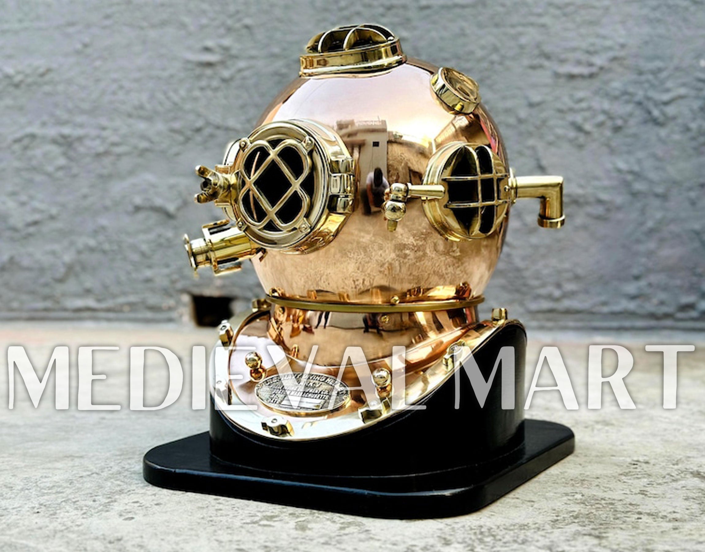 MEDIEVALMART Pure Copper Brass Diving Helmet With Wooden Base