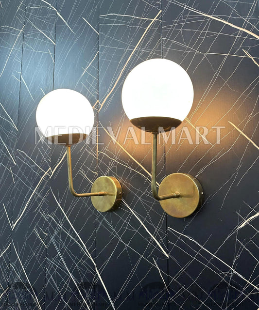 MEDIEVALMART Modern Brass Wall Sconce: Nordic Milky Globe Bathroom Light