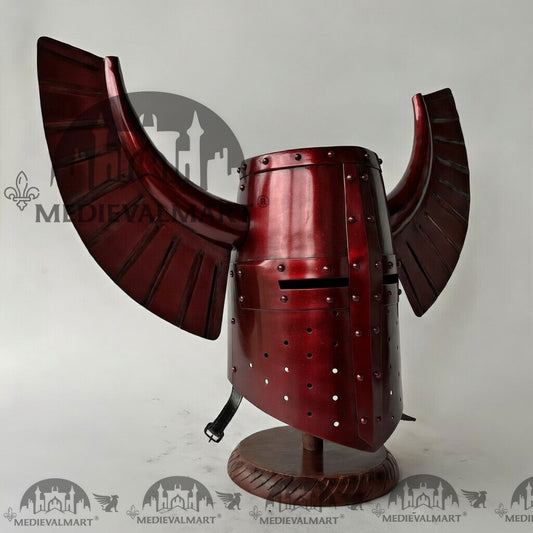MEDIEVALMART Casque de Guerrier Templier Médiéval Teutonique Rouge Marron Brillant avec Support Offert
