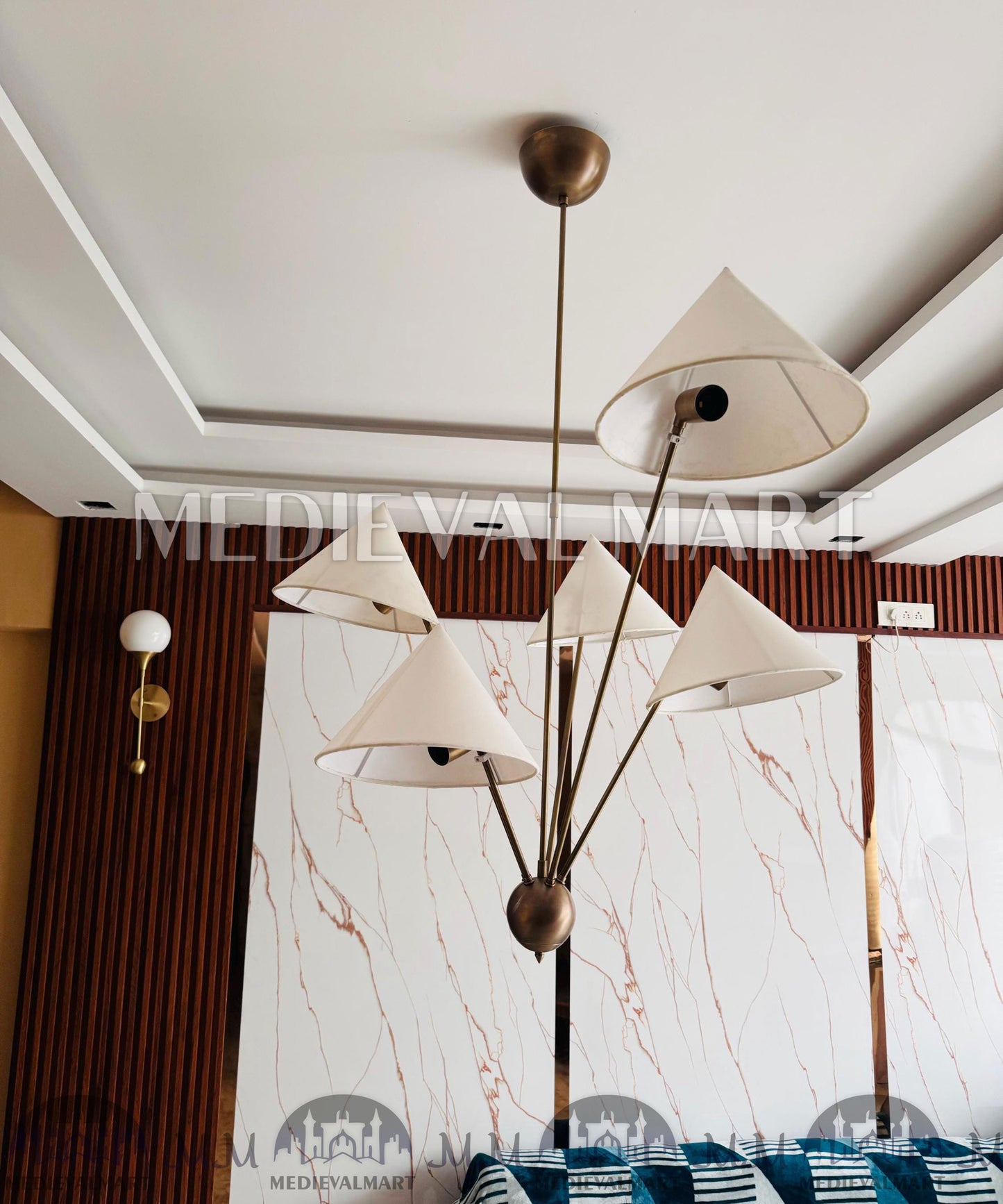 MEDIEVALMART Hand Crafted Brass Sputnik Chandelier with Linen Shades | Modern 5 Arm Chandelier Light Fixture