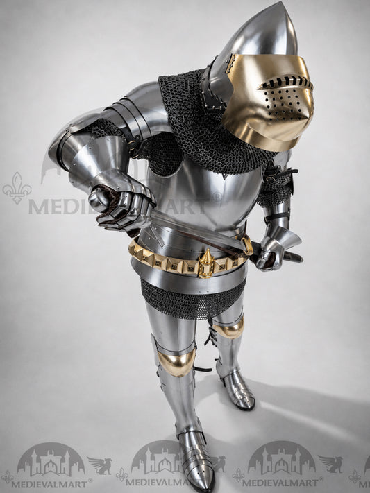 MEDIEVALMART Armure intégrale de chevalier médiéval en acier avec casque Hundsgugel, plastron à butée ou touches en laiton