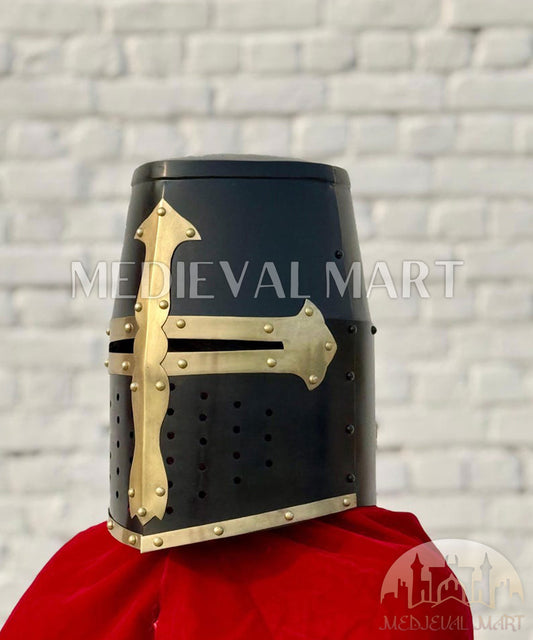 MEDIEVALMART Medieval Black Knight Templar Crusader  Knight Helmet W/H Brass Deco for LARP or Cosplay - Gift For Dad