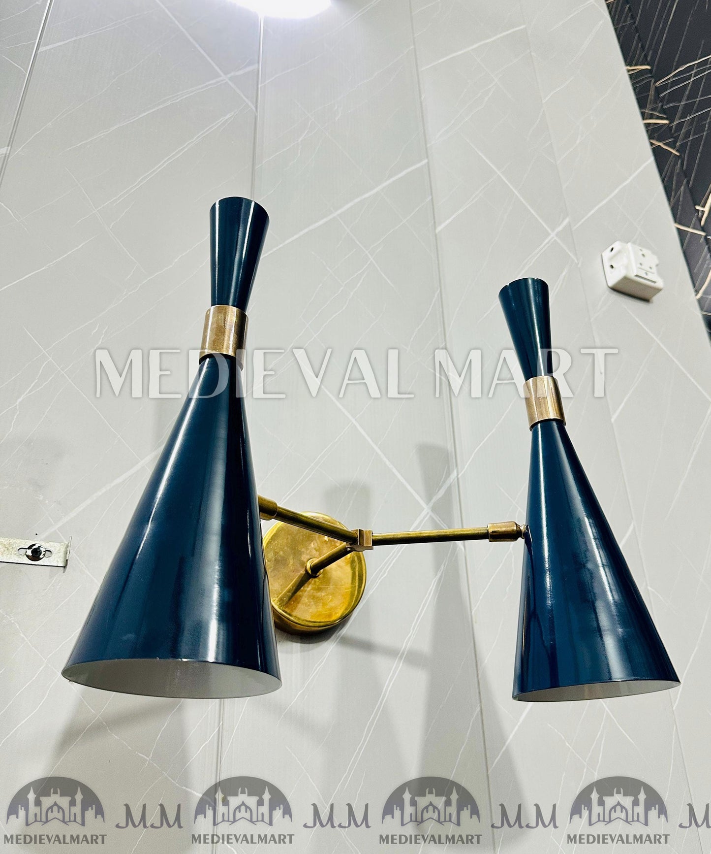 MEDIEVALMART Customized Handcrafted Mid-Century Brass Wall Sconce - Double Arm Shade Light Fixttue.
