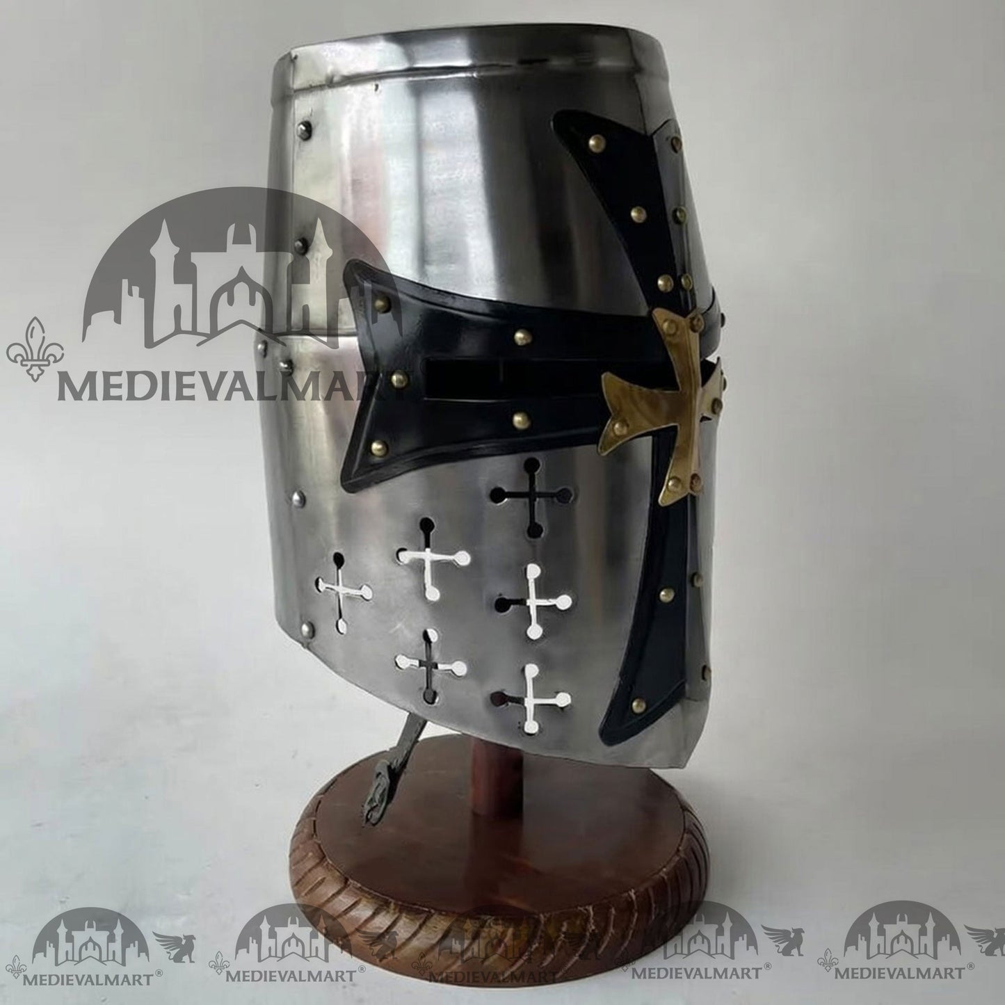 MEDIEVALMART Special Templar Crusader Knight Silver Finish Helmet W/H Free Stand