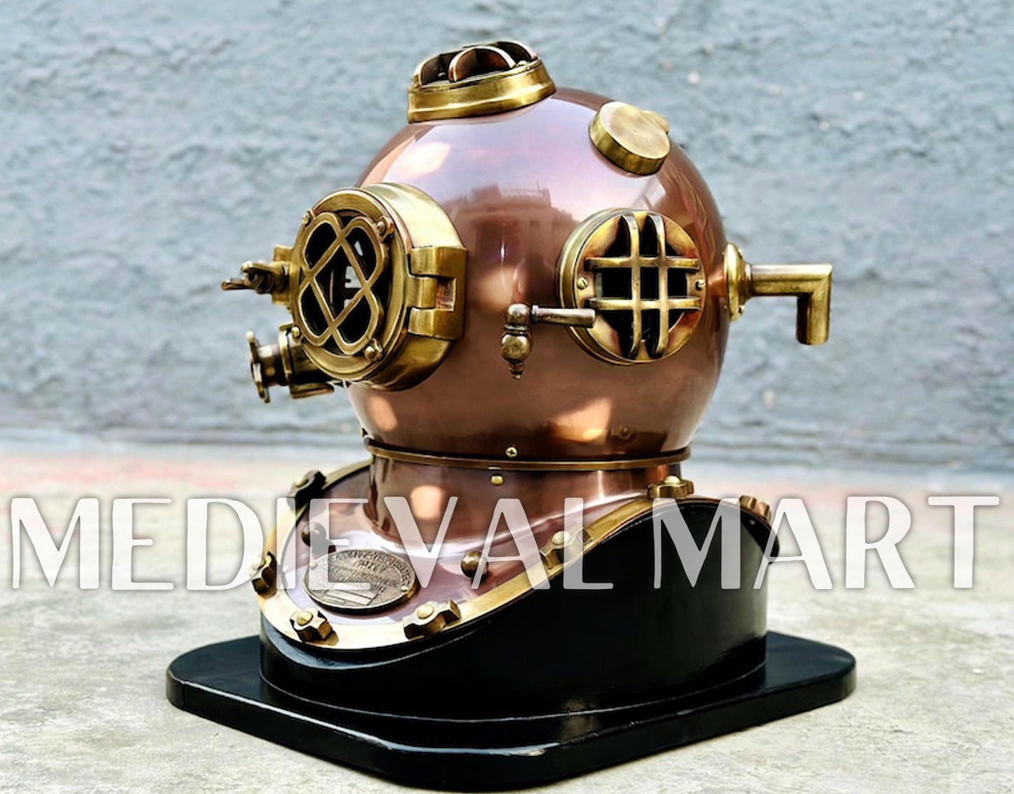 MEDIEVALMART Nautical Brown Finish Diving Helmet With Wooden Base