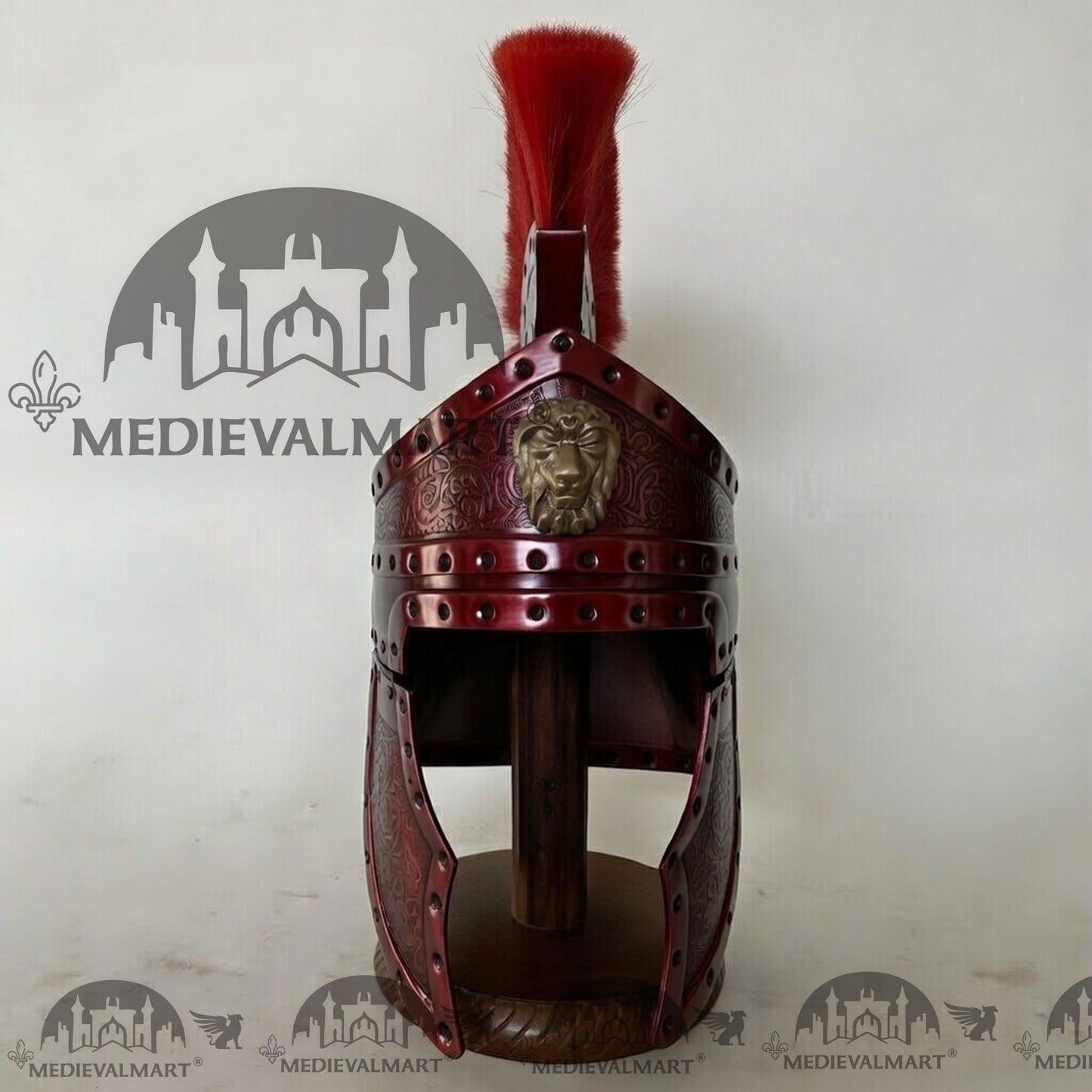 MEDIEVALMART Medieval Roman Centurion Maroon Red Finish Helmet with Red Plume or Free Wooden Stand