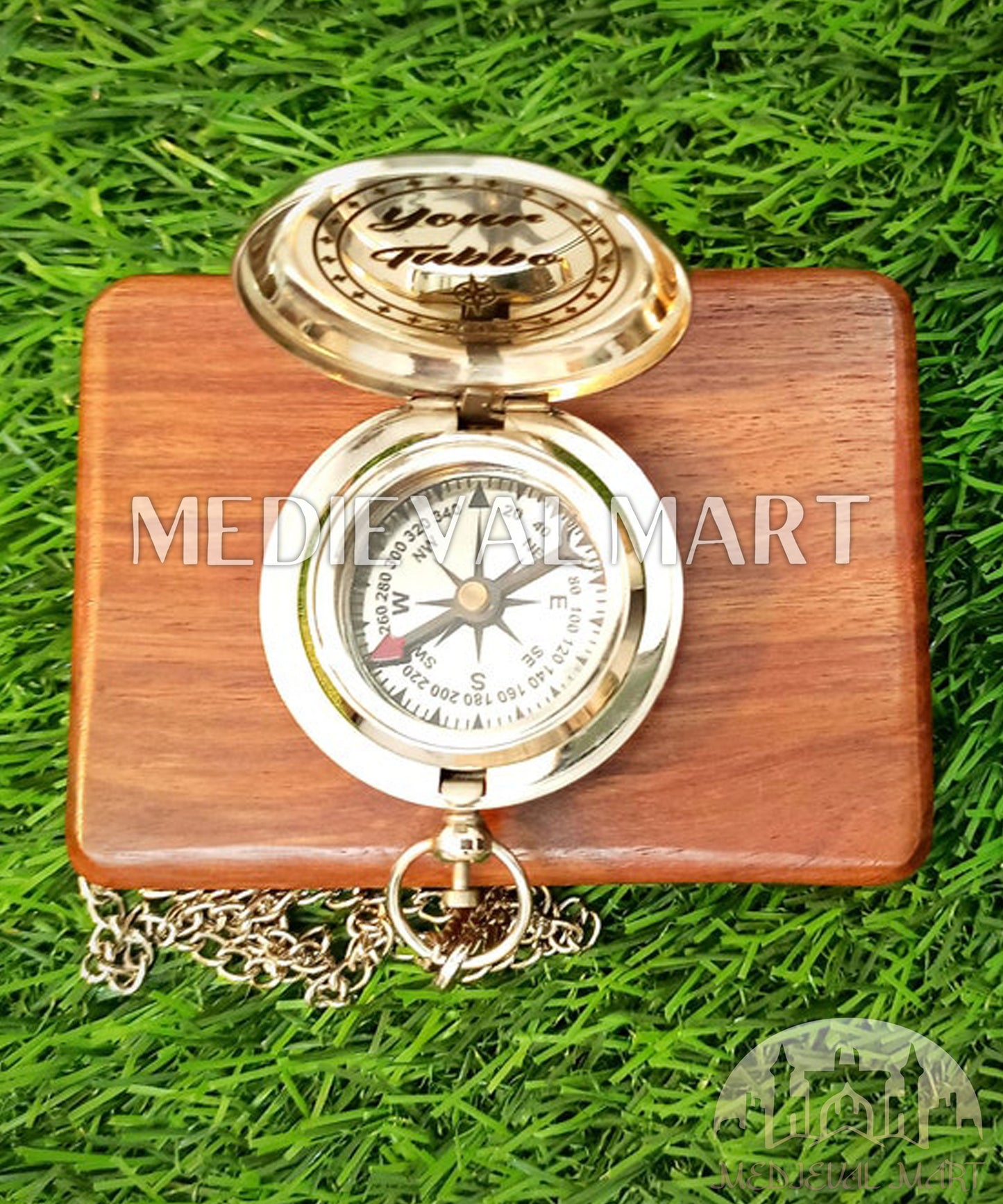 MEDIEVALMART Minimalist Nautical Cute Engrave Pocket Compass Chrome Finish W/H Gen-2 Wooden Case | Gift For Mom