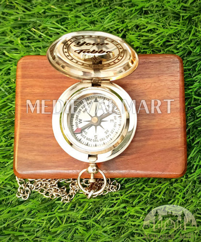 MEDIEVALMART Minimalist Nautical Cute Engrave Pocket Compass Chrome Finish W/H Gen-2 Wooden Case | Gift For Mom