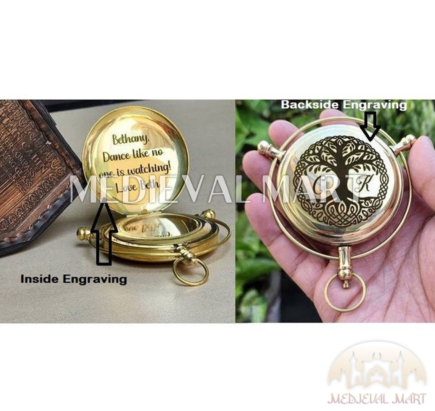 MEDIEVALMART Alethiometer Inspired Engraved Brass Pocket Compass Gold Finish W/H Leather Case | Gift For Mom, Dad