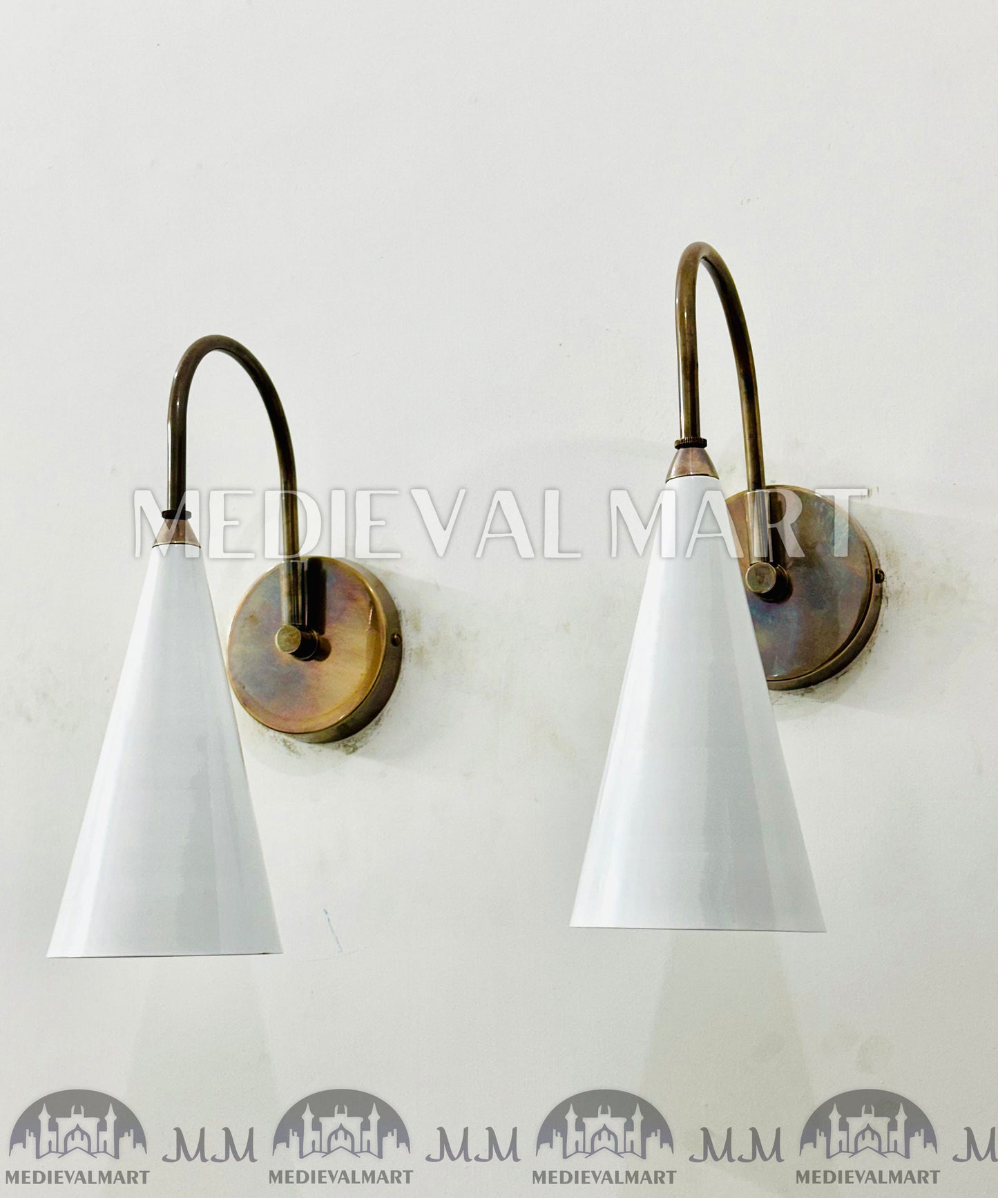 MEDIEVALMART Brass Wall Sconce: Mid Century White Cone Lamp, Adjustable Diabolo Light