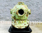 MEDIEVALMART Rusty Lite Green Diving Helmet With Wooden Base