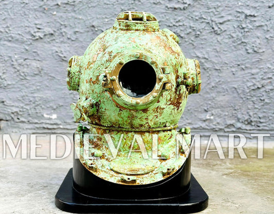 MEDIEVALMART Rusty Lite Green Diving Helmet With Wooden Base