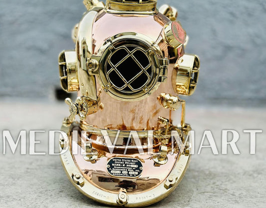 MEDIEVALMART High Textured Copper brass Diving Helmet With Wooden Base
