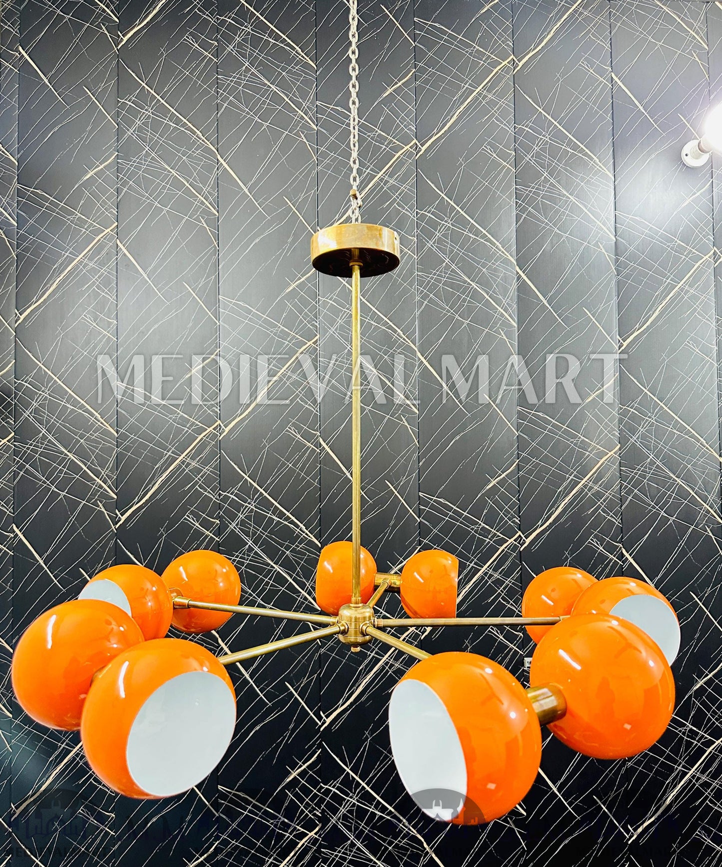 MEDIEVALMART Mid Century Sputnik Chandelier: Brass & Orange Ball Ceiling Light