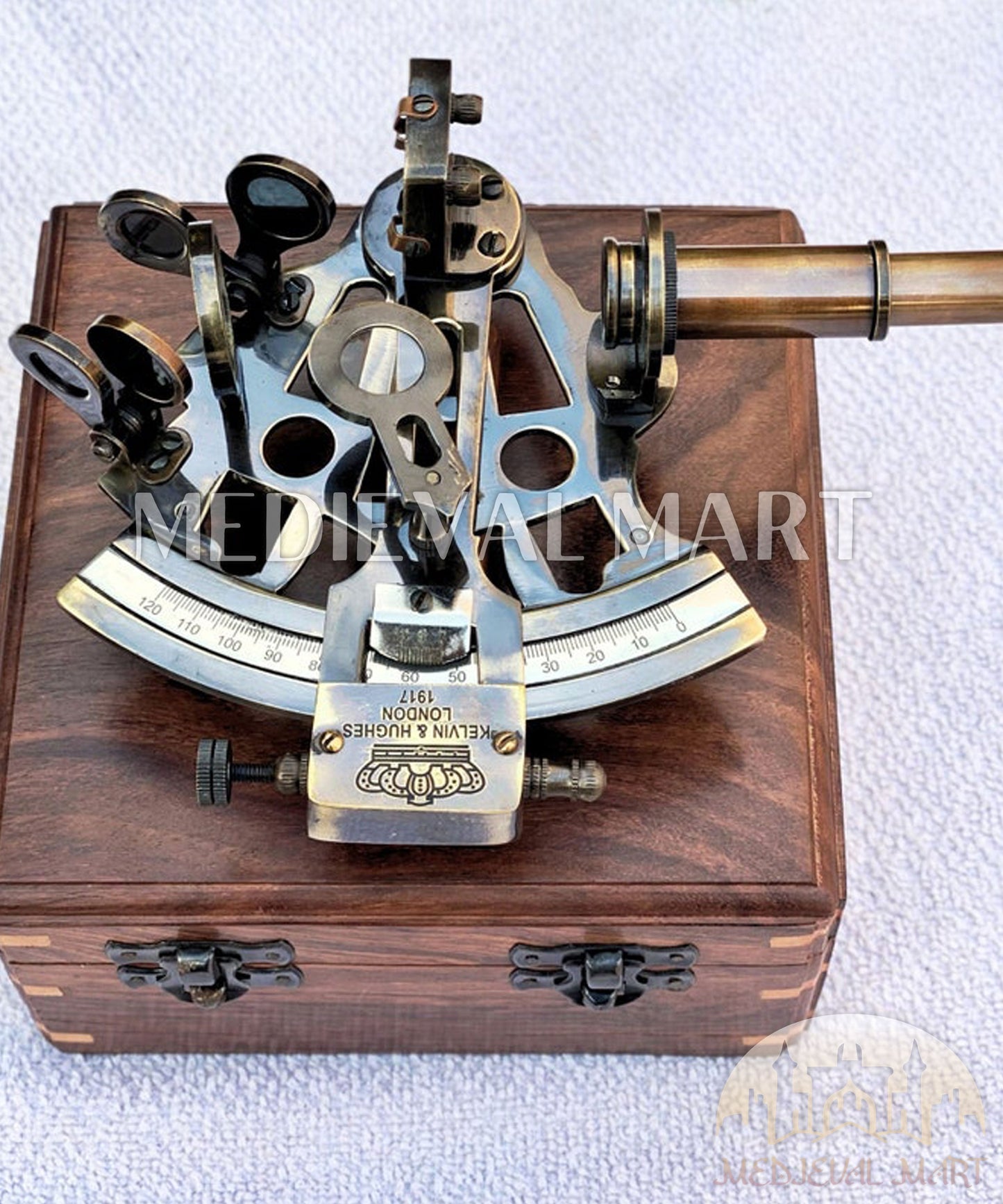 MEDIEVALMART Nautical Kelvin & Huges London 1917 Working Sextant W/H Wooden Box | Antique Maritime Navigational Instrument, Christmas Gifts