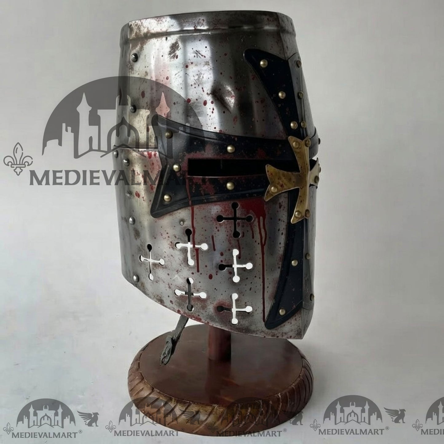 MEDIEVALMART Special Templar Crusader Knight Damage Silver W/H Blood Finish Helmet W/H Free Stand