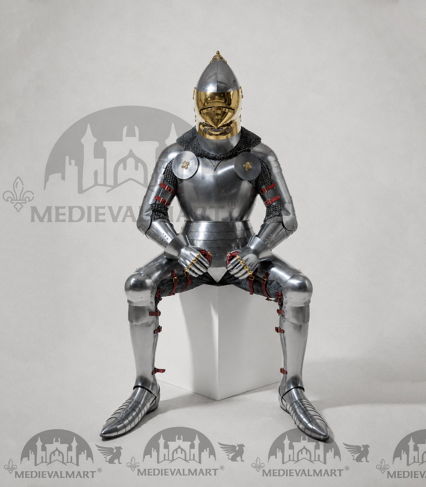 MEDIEVALMART 15th-Century English knight Warrior Gothic Plate Armor Costume W/H Gold Face Hounskull Helmet