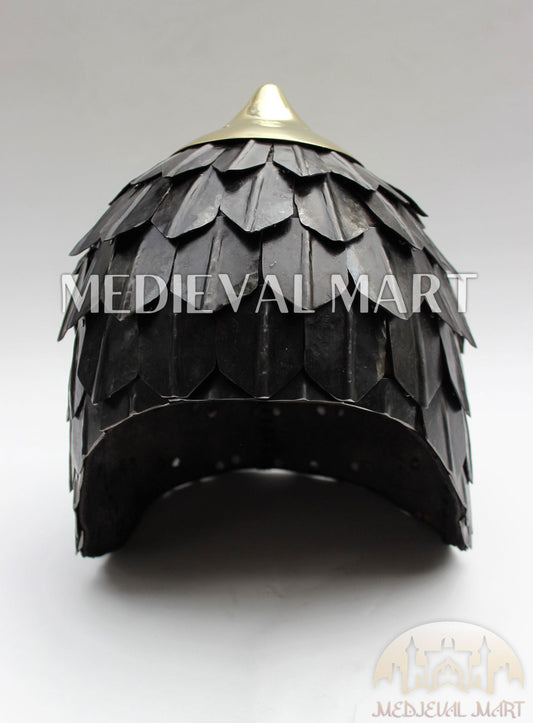 MEDIEVALMART Medieval Historical Scaled Skull Cap Helmet W/H Antique Black Polished & Carbon Steel