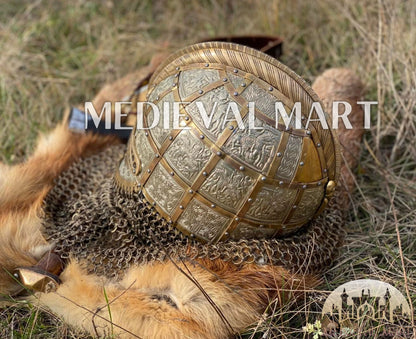 MEDIEVALMART Medieval Viking Vendel Period Broa Helmet with Bass Decoration & Titanium Chainmail
