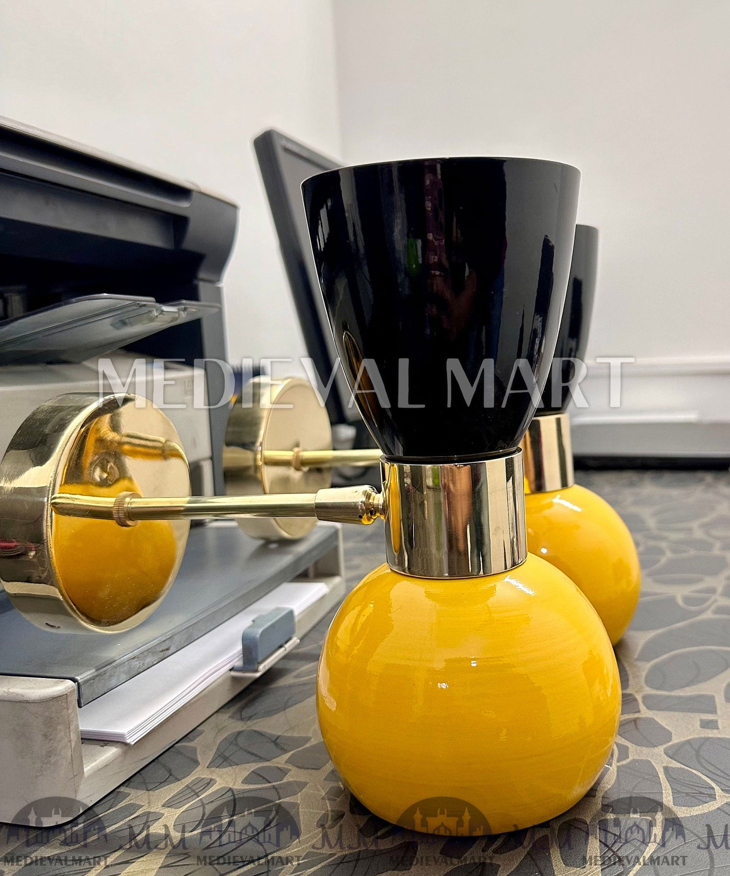 MEDIEVALMART Mid Century Italian Diabolo Wall Sconce Pair: Marigold & Black Bedside Lamps