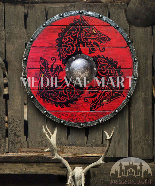 MEDIEVALMART Viking's Fenrir Red Athena’s Authentic  Battleworn Viking Wooden Shield | Gifts For Dad