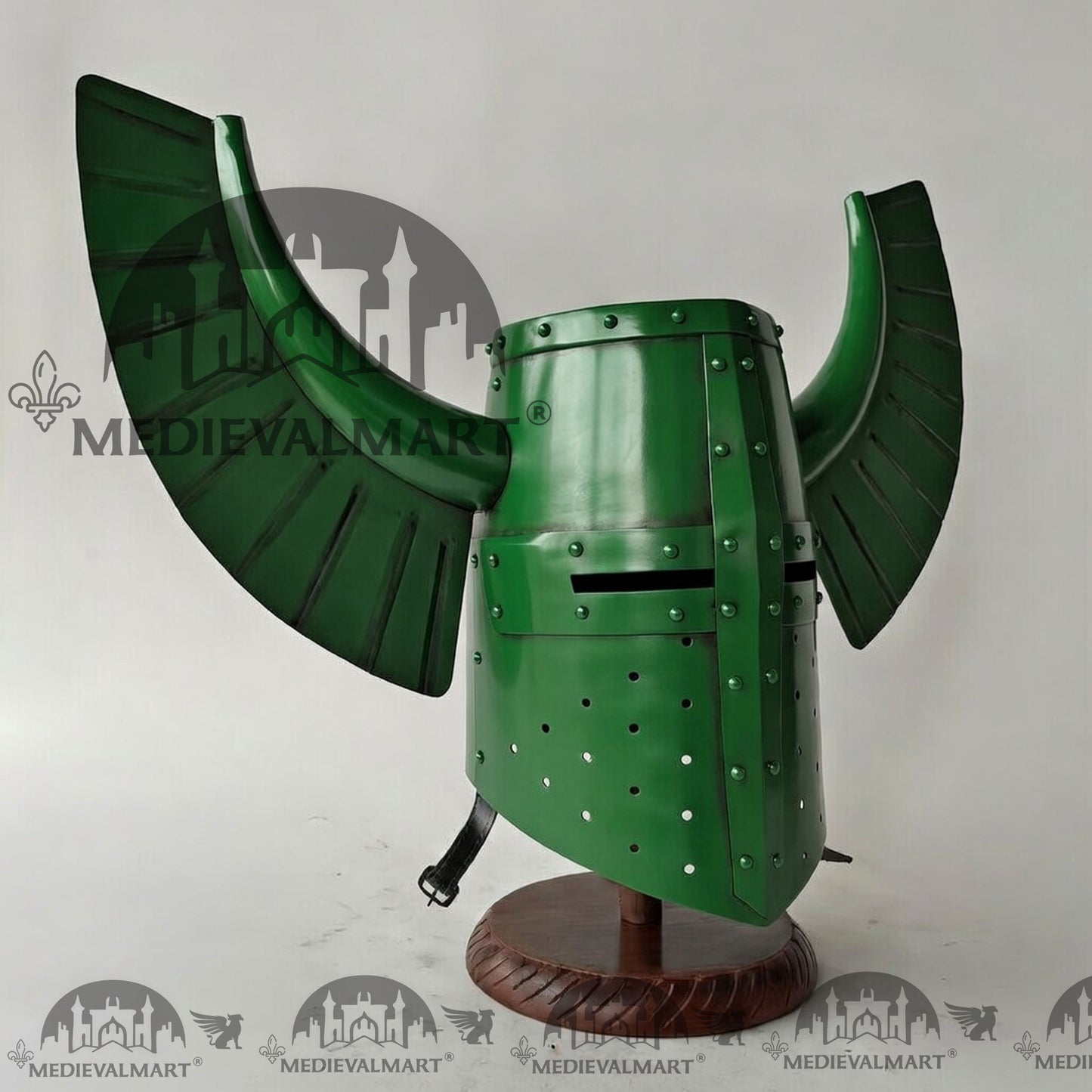 MEDIEVALMART Medieval Templar Warrior Teutonic Green Finish Wing Helmet with Free Stand