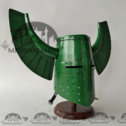 MEDIEVALMART Casque médiéval de Templier Guerrier Teutonique avec Ailes Finition Verte et Support Offert