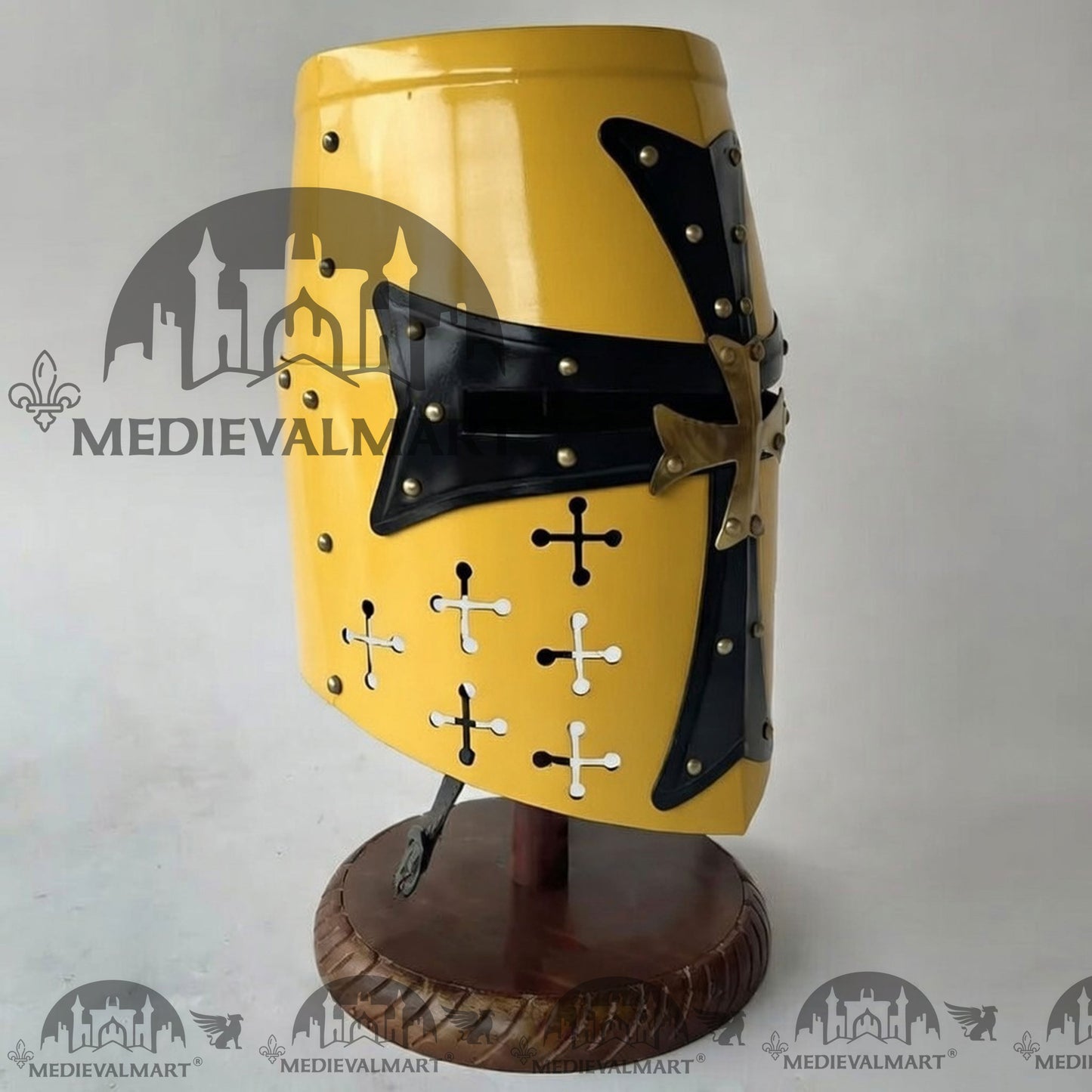 MEDIEVALMART Special Templar Crusader Knight Yellow Finish Helmet W/H Free Stand