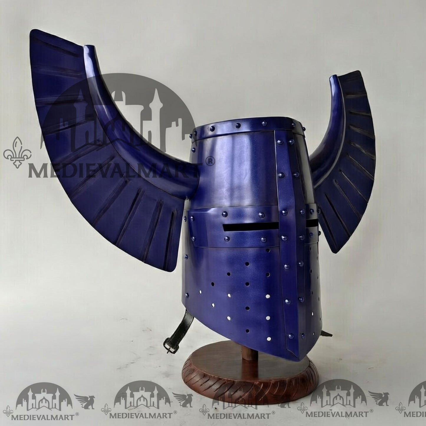 MEDIEVALMART Medieval Templar Warrior Teutonic Blue Finish Wing Helmet with Free Stand