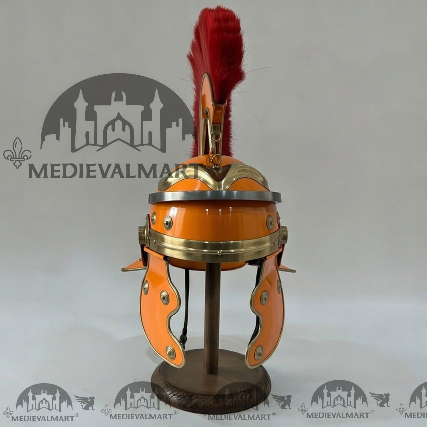 MEDIEVALMART Gallic Roman Centurion Orange Finish Helmet Replica Red Plume with Free Stand