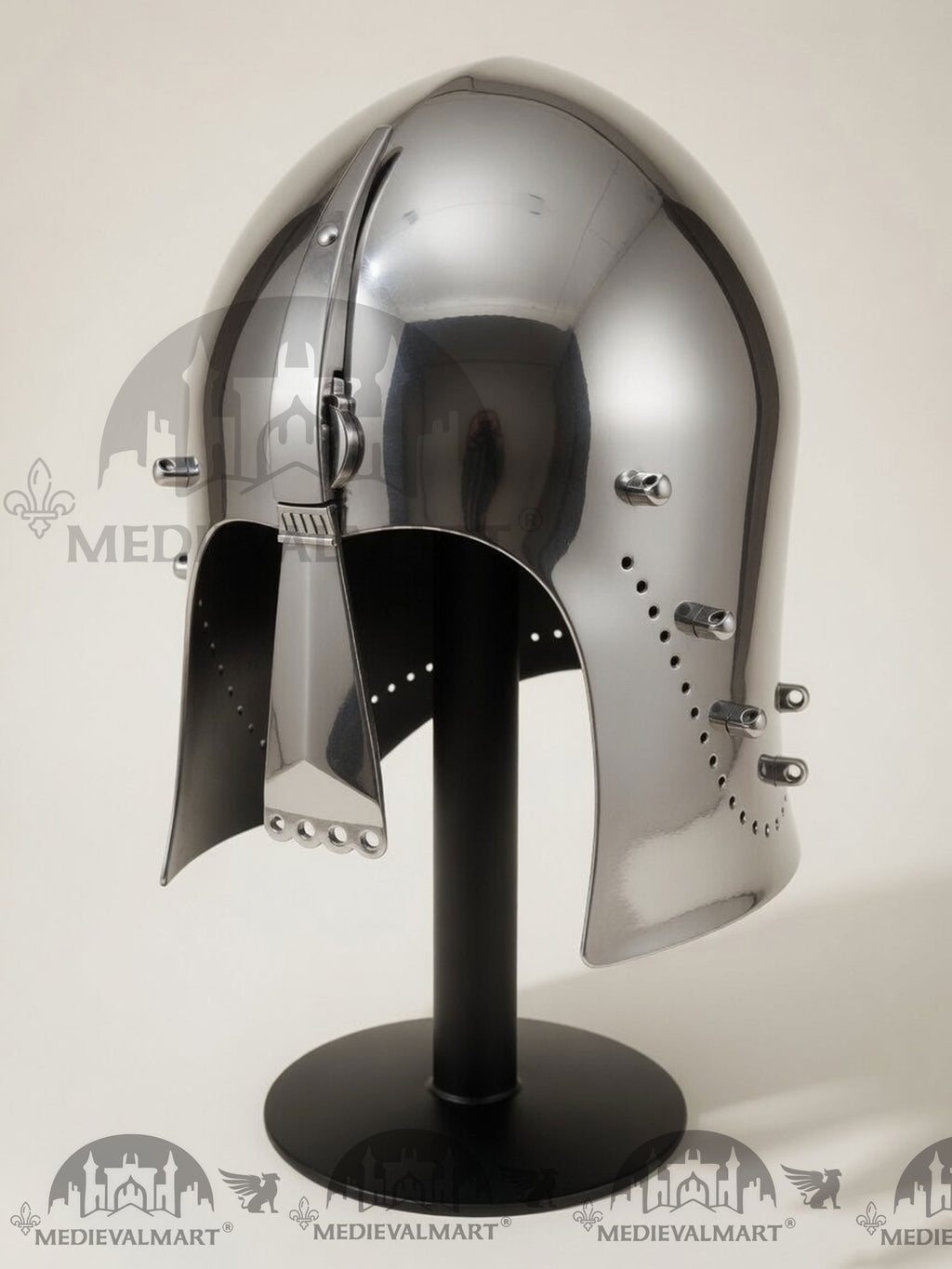 MEDIEVALMART Medieval Great Bascinet Helmet – Polished Steel Knight Helmet for Reenactment & LARP