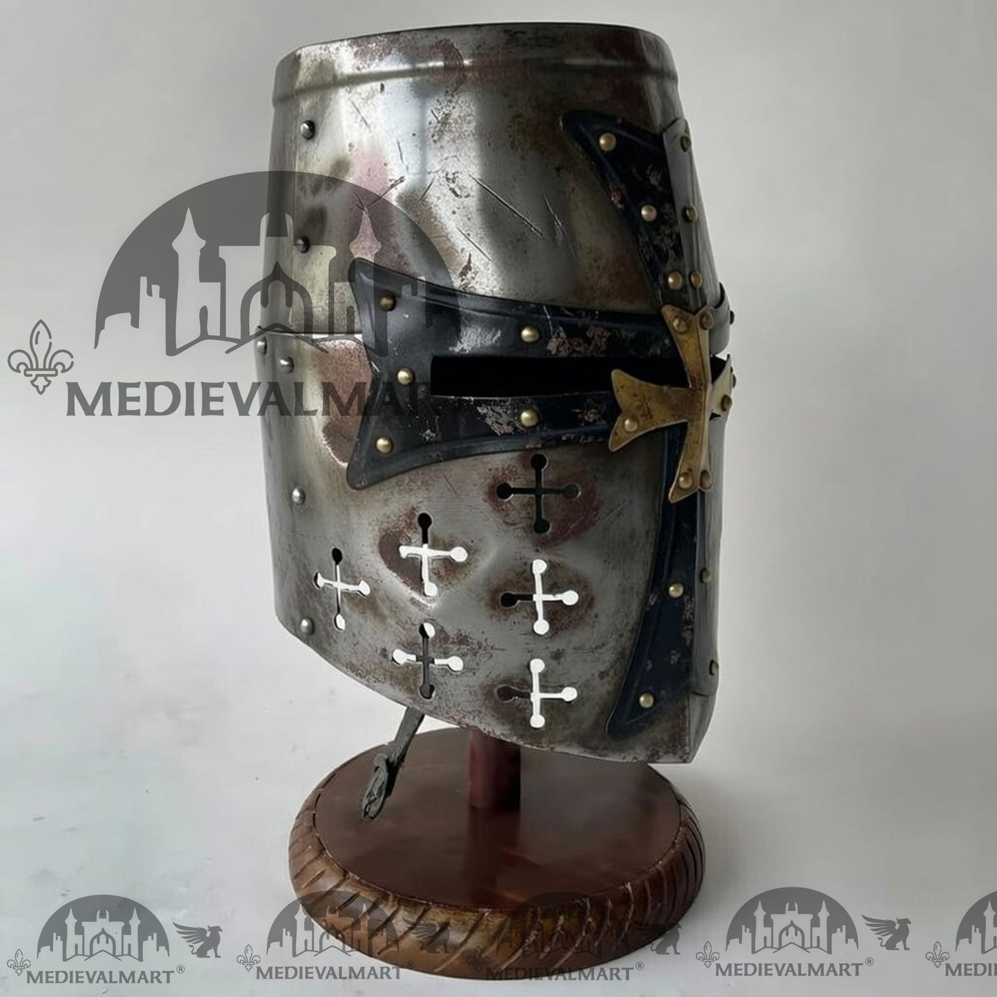 MEDIEVALMART Special Templar Crusader Knight Battle Damage Silver Finish Helmet W/H Free Stand