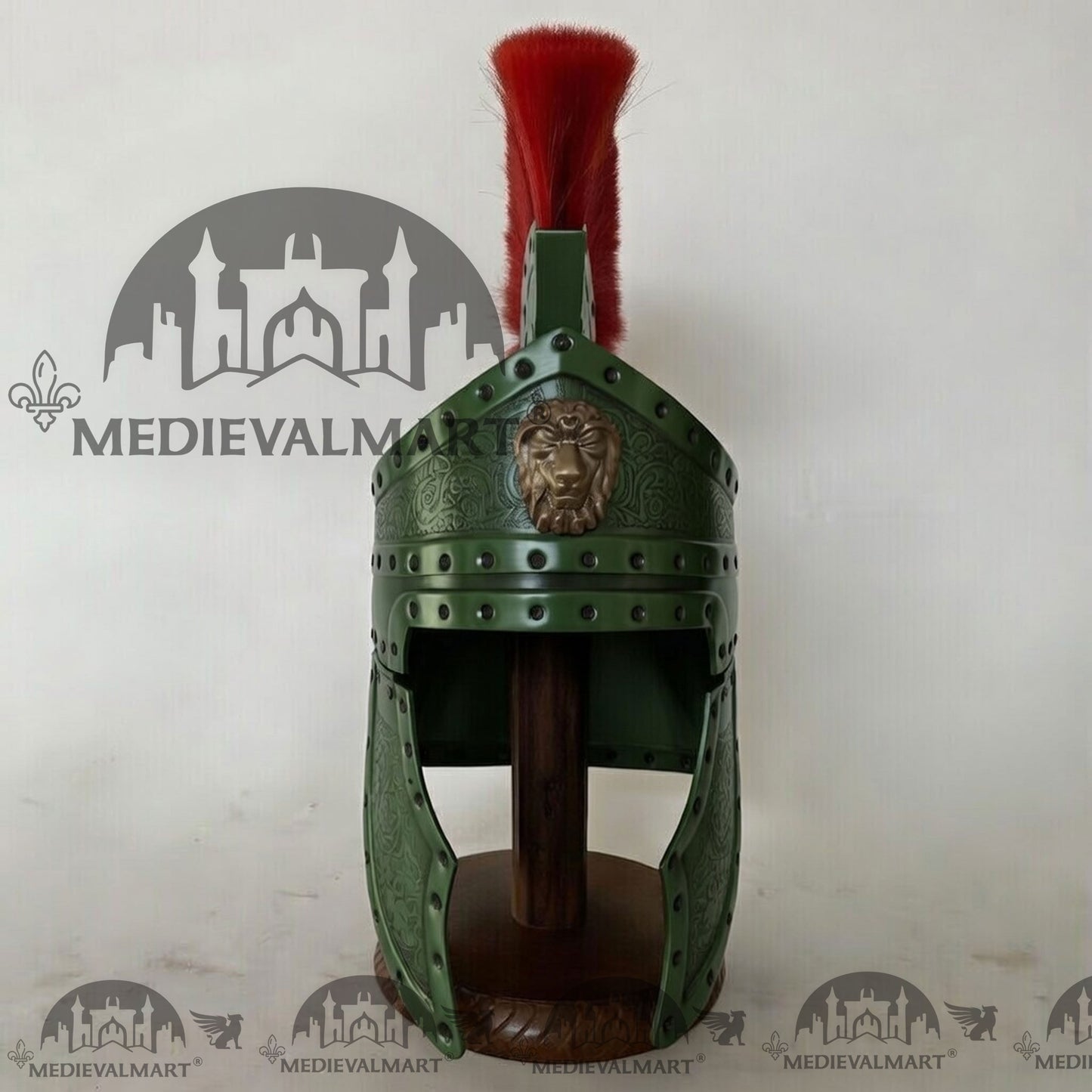 MEDIEVALMART Medieval Roman Centurion Jade Green Finish Helmet with Red Plume or Free Wooden Stand
