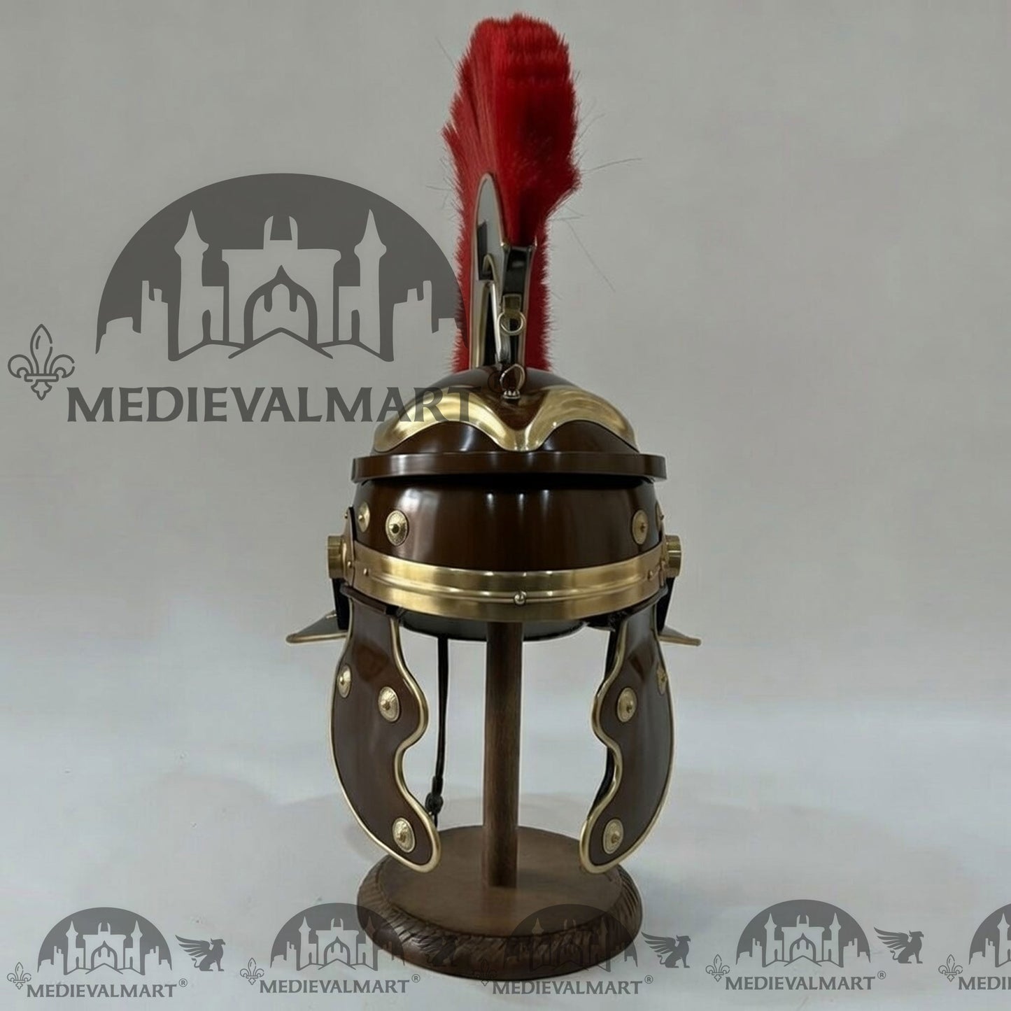 MEDIEVALMART Gallic Roman Centurion Brown Finish Helmet Replica Red Plume with Free Stand
